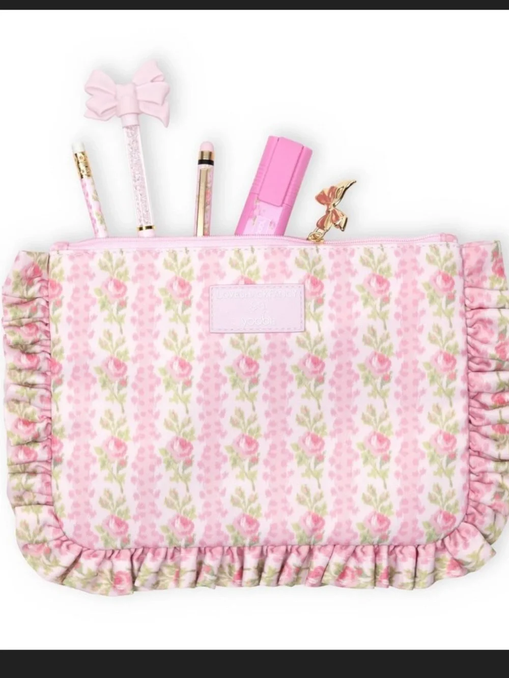 LoveShackFancy Pink Floral Ruffle Pouch with Gold Zip Pull